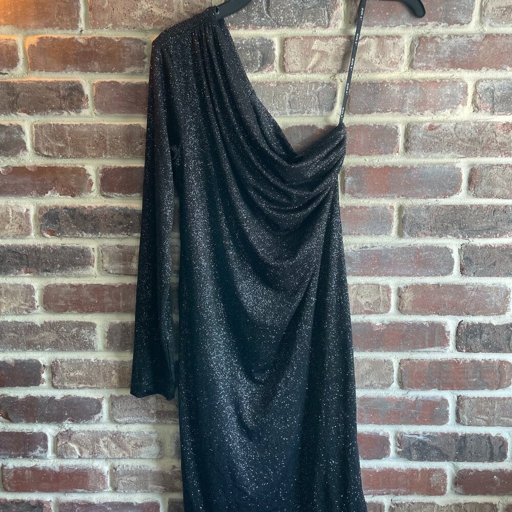 One shoulder mini dress, black shimmer - S